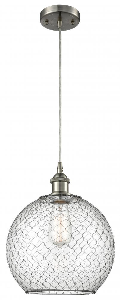 Farmhouse Chicken Wire - 1 Light - 10 inch - Brushed Satin Nickel - Cord hung - Mini Pendant