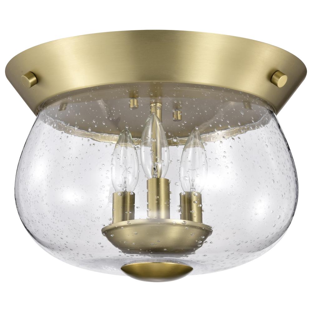 Boliver 3 Light Flush Mount; Vintage Brass Finish; Clear Seeded Glass