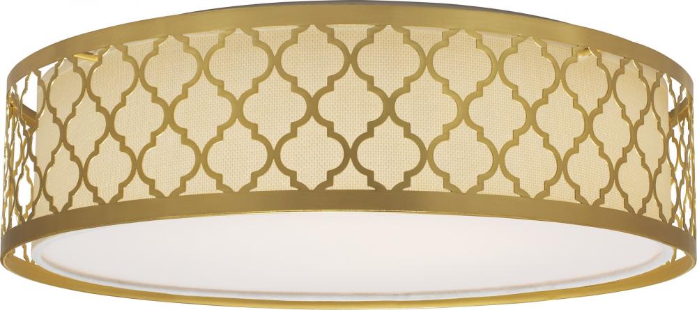 LED Decor - 15" Filigree Flush with White Fabric Shade - Natural Brass Finish