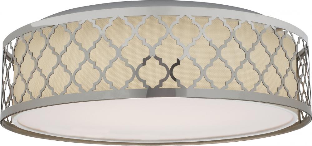 LED Decor - 15" Filigree Flush with White Fabric Shade - Polished Nickel Finish